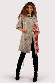 Wool blend houndstooth embroidered high collar swag coat